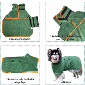 Dog Bathrobe Microfibre Fast Drying Towel Adjustable Collar Waist-Green