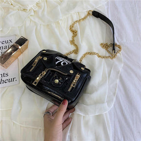 Women Motorcycle Jacket Crossbody Bag Punk Style Lapel Collar Satchel Bag-Black