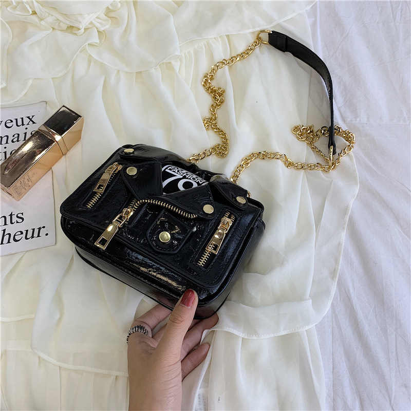 Women Motorcycle Jacket Crossbody Bag Punk Style Lapel Collar Satchel Bag-Black