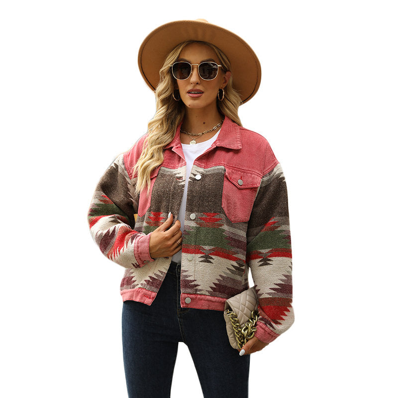 Denim Jacket for Women Aztec Print Contrast Color Cropped Coat-Red