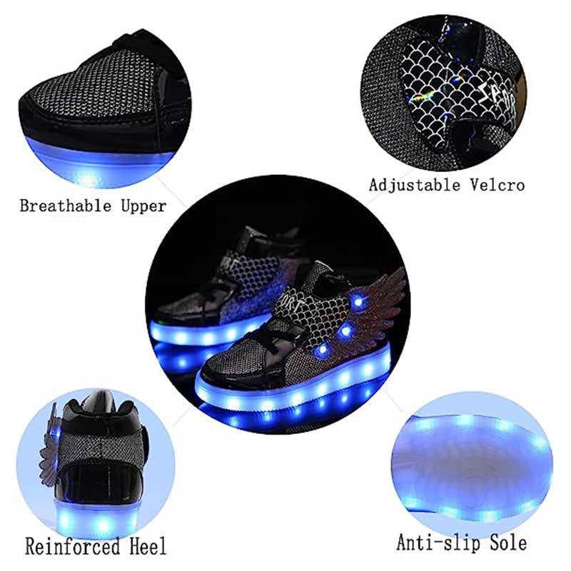 Kids Light up Shoes LED High Top Wings Sneakers-Black