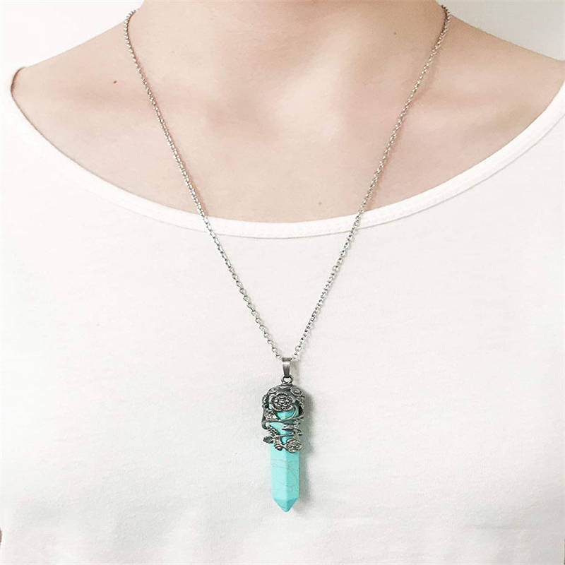 Antique Silver Flower Wrapped Crystal Necklace-Turquoise