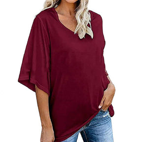 Womens Solid Color Simple V Neck Mid Sleeve T-Shirt-Red