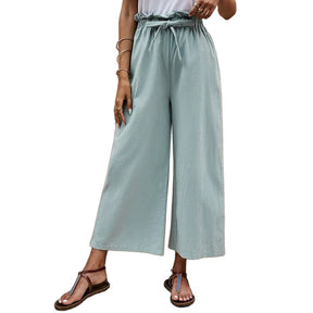 Womens Cropped Wide Leg Pant Elastic Solid Loose Fit Casual Trouser-Olive Green