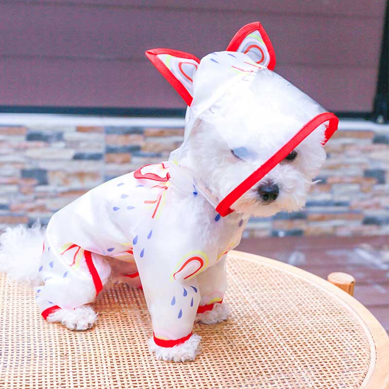 Dog Hoodie Raincoat Transparent Rainbow Printed Slicker for Small Dog -Red