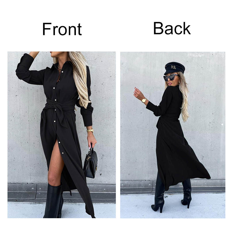 Womens Button Down Shirt Dresses Long Sleeve Causal Belted Slits-Black
