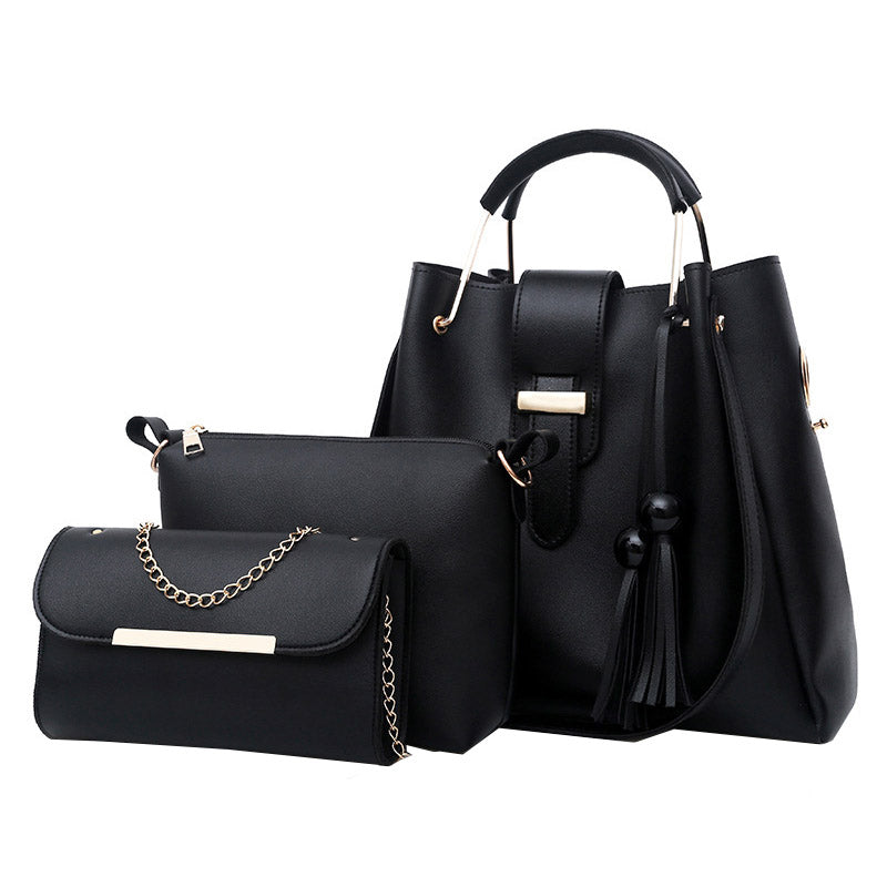 3Pcs Women Fashion Handbags Wallet Tote Bag Shoulder Bag Set-Black