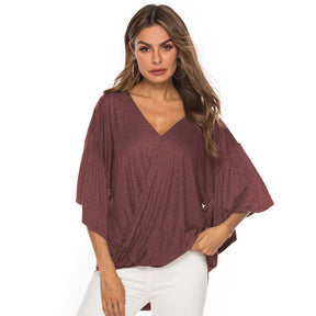 Womens Summer Ruffle Sleeve V-Neck T-Shirt Knot Tops-WineRed