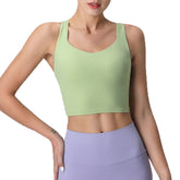 V Neck Longline Sports Bras Padded Wirefree Stretchy Yoga Camisole-Green
