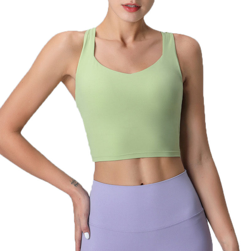 V Neck Longline Sports Bras Padded Wirefree Stretchy Yoga Camisole-Green