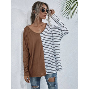 Womens Striped V-Neck Long Sleeve Tops-Khaki