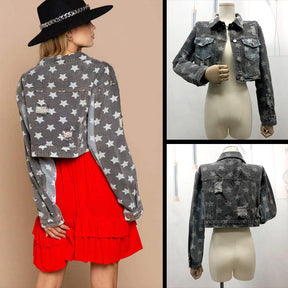 Star Print Denim Jacket for Women Frayed Raw Crop Coat for Autumn