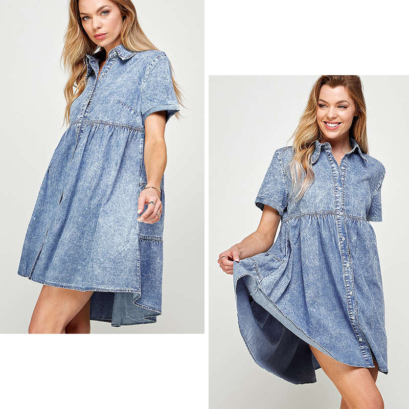 Womens Casual Denim Dress Short Sleeve Button Down Tiered Babydoll