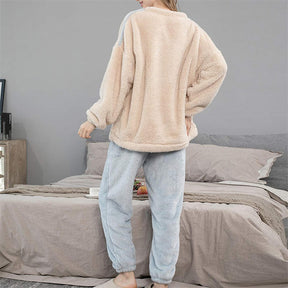 Womens Thickened Coral Fleece Pajamas Set with Scarf-Blue