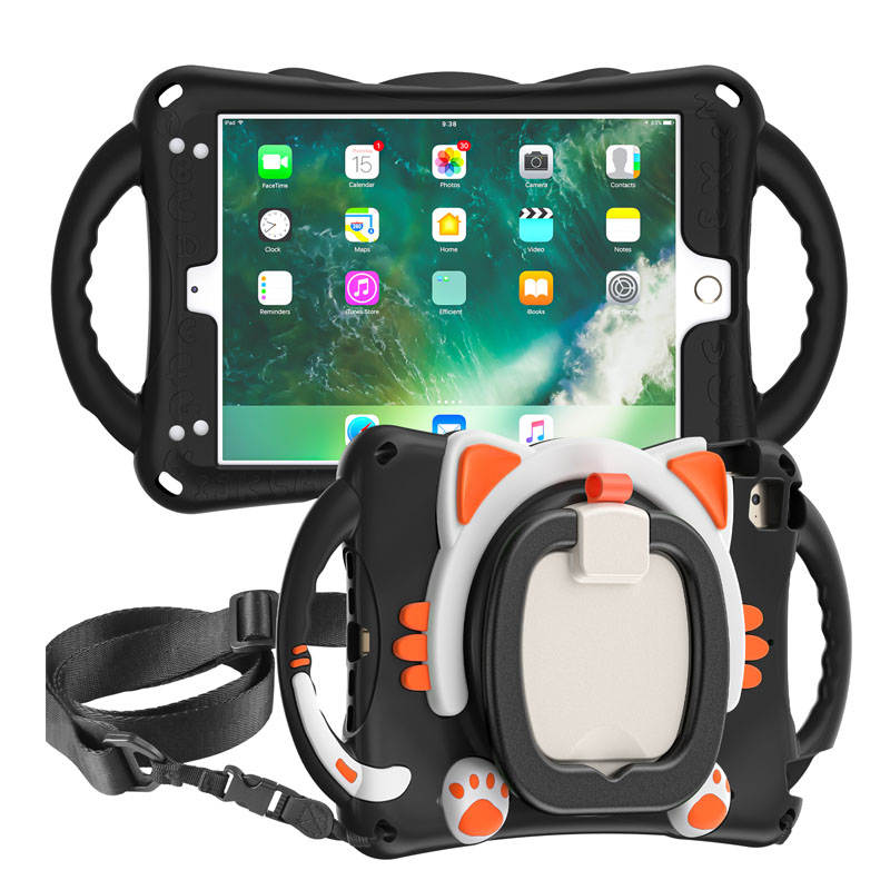 CatB Silicone Case For iPad Mini 5 4 3 2 1 Shockproof Shoulder Strap Handle Stand-Black Orange