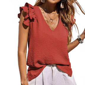 Womens Casual Ruffle Sleeve Summer Tops V Neck Tank Tops Shirts-Red