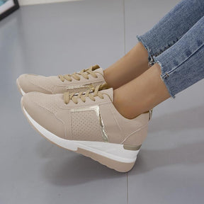 Womens Wedge Sneaker Hidden Lace-up Breathable Casual Shoes-Beige