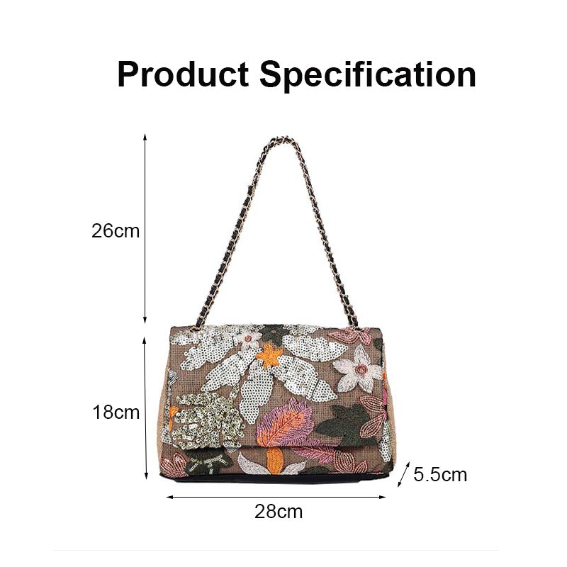 Women Fashion Crossbody Embroidery Shoulder Bag with Chain for Vacation-Green