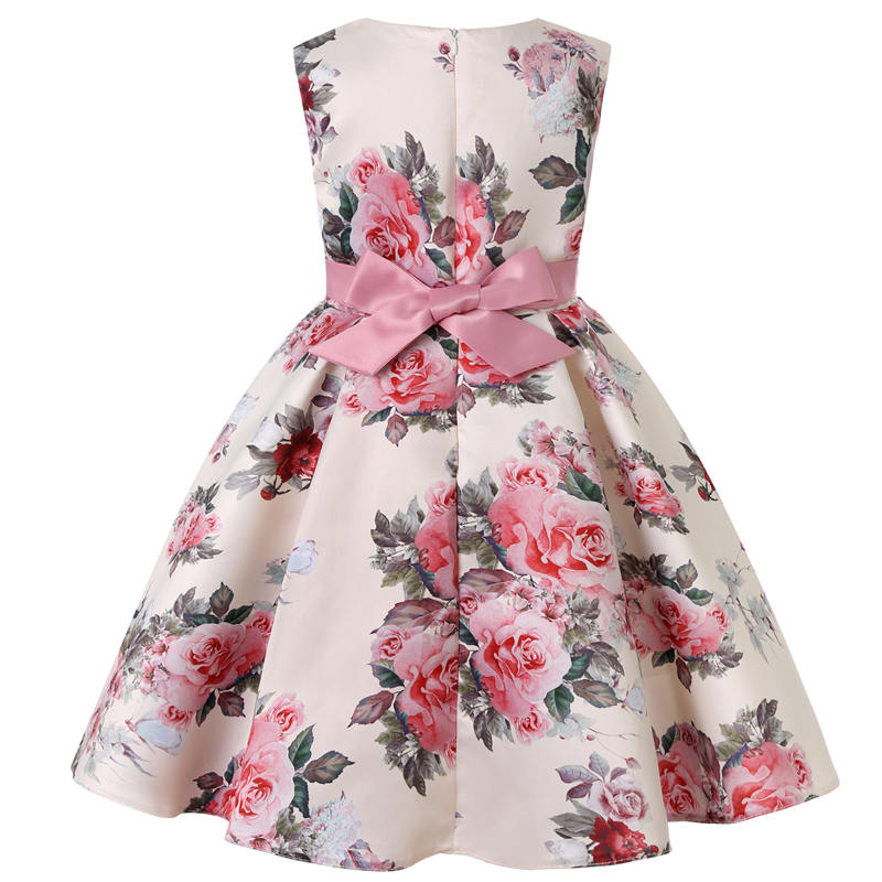 Floral Girls Dresses Summer Girl Clothes Sleeveless Dresses With Bow-Bean Paste