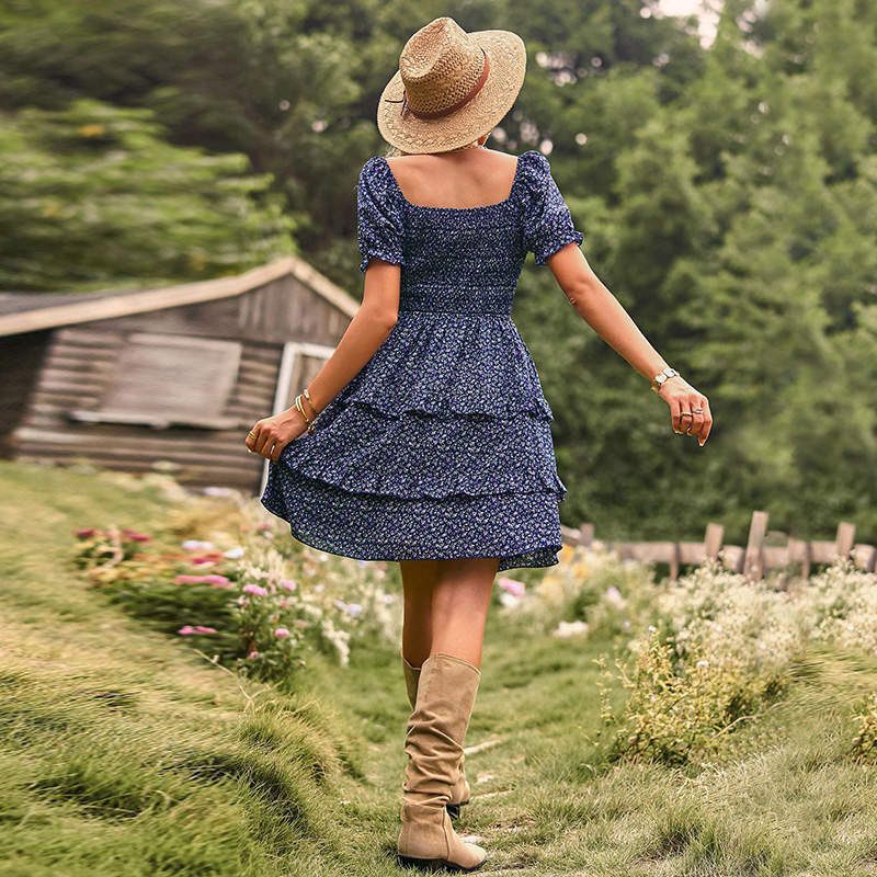 Womens Summer Dress High Waist Floral Smocked Tiered Dresses-Royal Blue