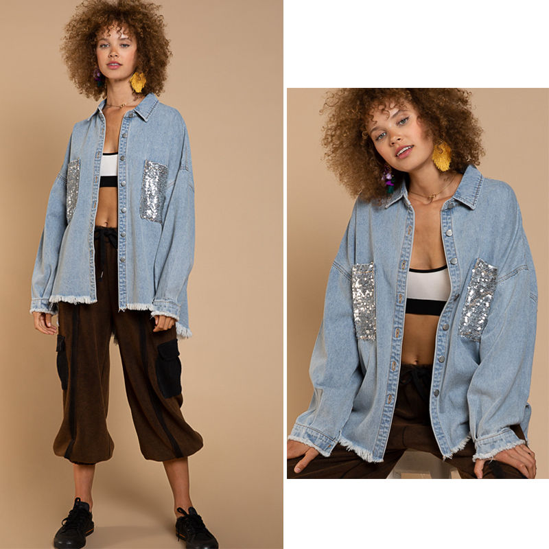 Sequins Denim Jacket for Women Oversized Distressed Jean Outwear-Blue