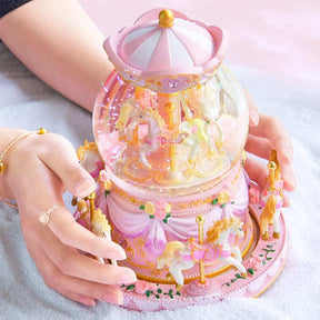 Carousel Snow Globe with Light Music Box Birthday Gift for Girls-Pink