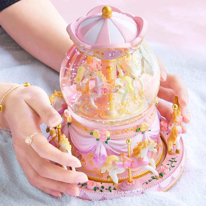 Carousel Snow Globe with Light Music Box Birthday Gift for Girls-Pink