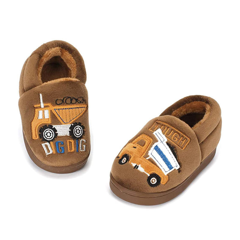 Boys Girls Warm Slippers Cartoon Kids Winter Indoor Household Shoes-Brown
