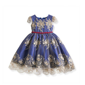 Girl Flower Lace Printed Cotton Elegant Tulle Bow Belt Princess Dress-02Blue