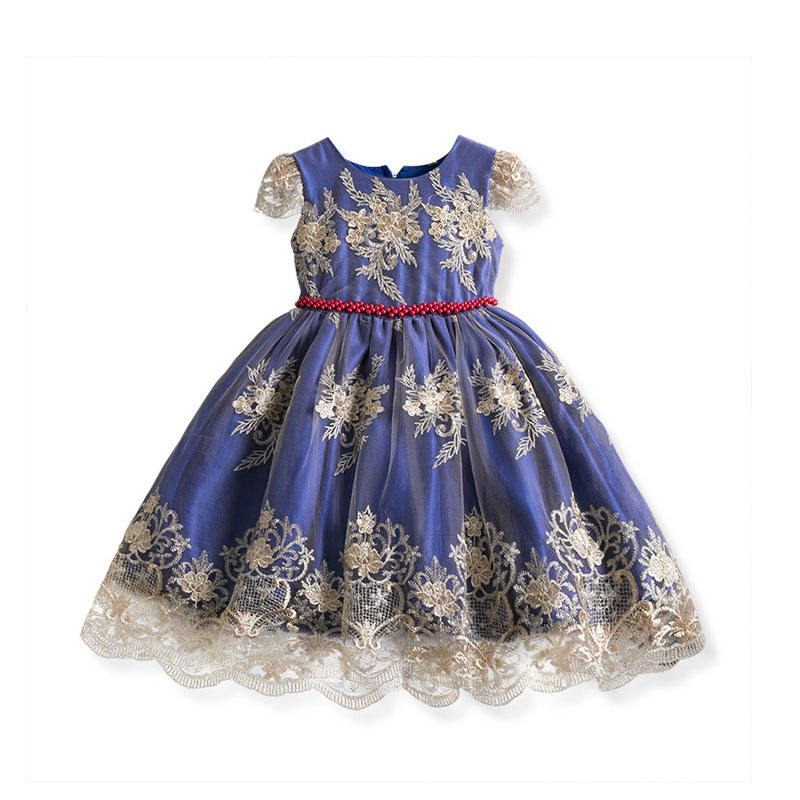 Girl Flower Lace Printed Cotton Elegant Tulle Bow Belt Princess Dress-02Blue