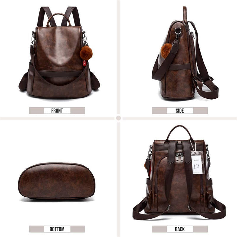 Women Backpack PU Leather Anti-theft Casual Fashion Shoulder Bag-Coffee