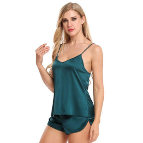 Women Sexy Satin V Neck Camisole Shorts Pajamas Set-Green