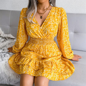 Womens Floral Long Sleeve V Neck Elastic High Waist Chiffon Dress-Yellow