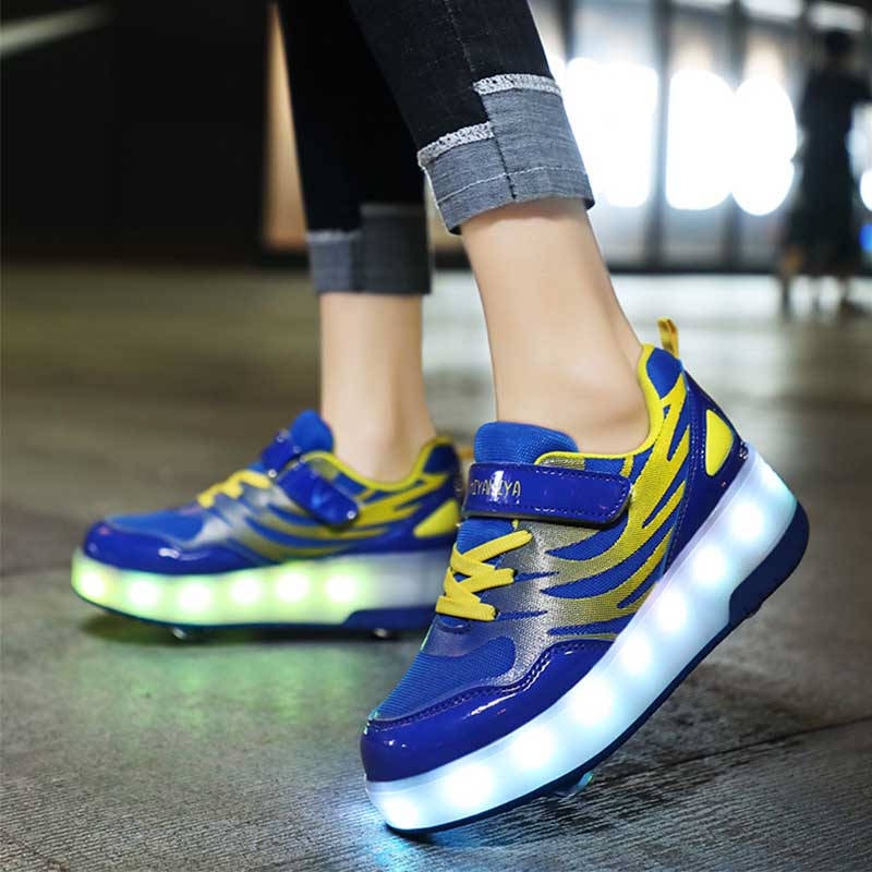 Kids Roller Skates Light up Shoes Sport Sneaker USB Chargable-Blue Yellow