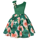 Oblique Shoulder Childrens Dress Rose Print Dress Girls Evening Party Costume-Green