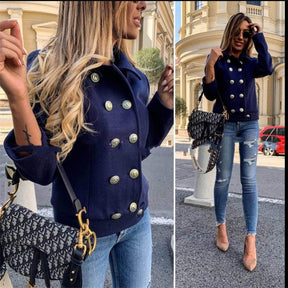 Womens Peacoat Double Breasted Lapel Casual Cropped Jackets Winter-Navy Blue