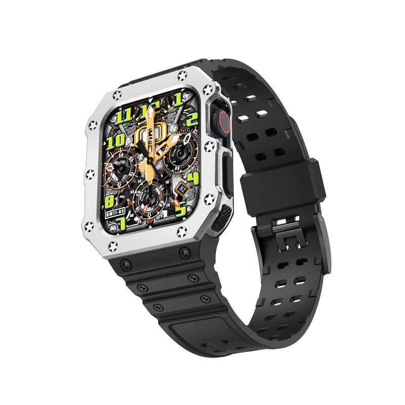 Sport Rugged Watchbands with Bumper Case Compatible for Apple Watch-Silver Black