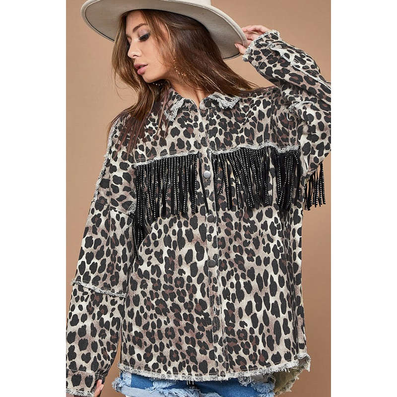 Womens Leopard Print Jacket Button Down Fringe Vintage Denim Coat