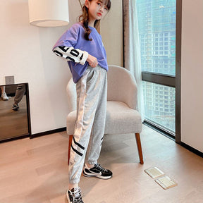 Girls Joggers Long Pants Pockets Outdoor Casual Trousers Two Bars-Gray