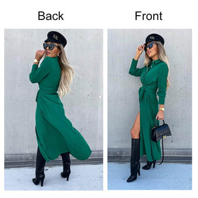 Womens Button Down Shirt Dresses Long Sleeve Causal Belted Slits-Green