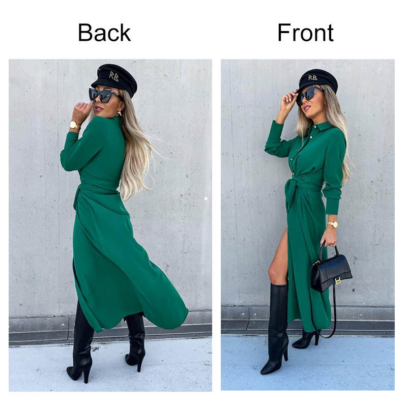Womens Button Down Shirt Dresses Long Sleeve Causal Belted Slits-Green
