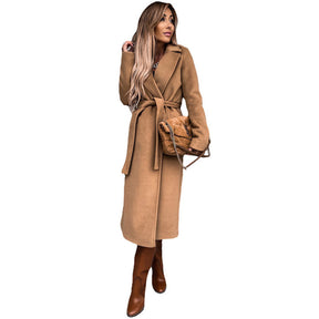 Womens Trench Coats Lapel with Tie Belt Fashion Winter Long Outwear-Khaki