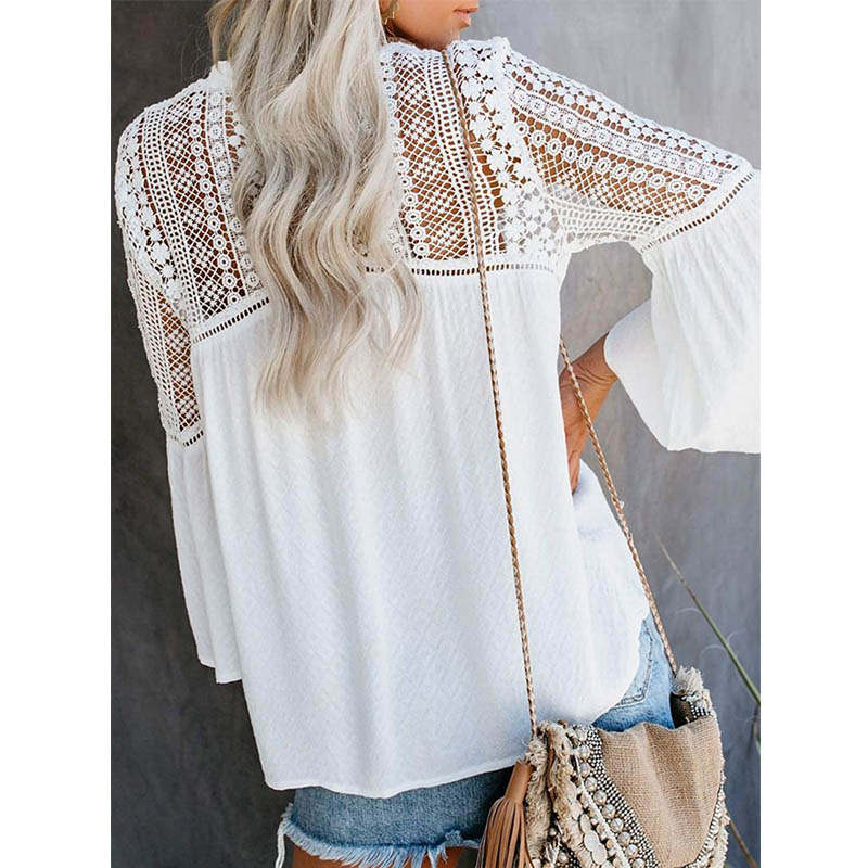 Womens V-neck Lace Crochet Shirt Flare Sleeve Buttoned Blouses-White