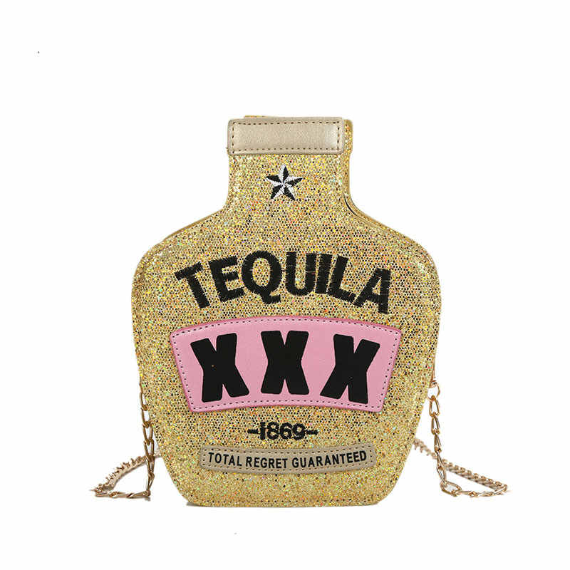 Tequila Bottle Shaped Laser Shoulder Handbags PU Crossbody Purse for Women-SequinGold