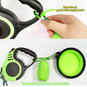 Retractable Dog Leash Lightweight Portative with Folding Bowl Dispenser Waste Bag-Green