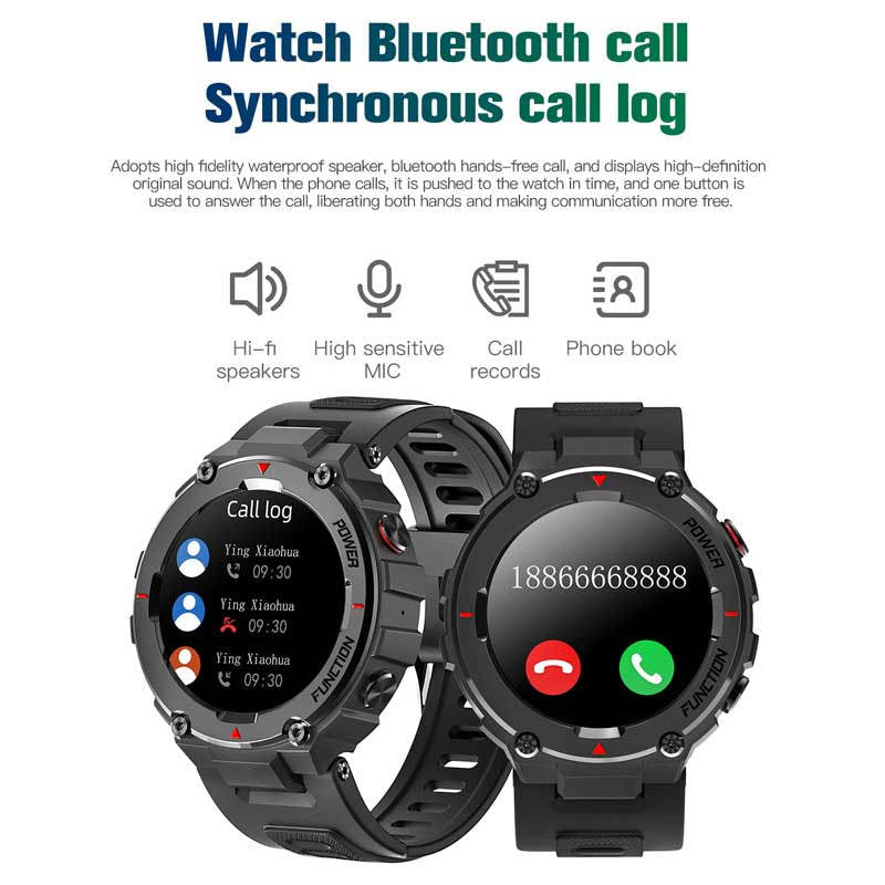 F26 Military Smart Watch with Bluetooth Calling Music Player Heart Rate Sleep Monitor-Khaki