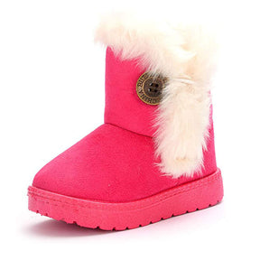 Girl's Boy's Cute Flat Shoes Button Winter Warm Snow Boots-RoseRed