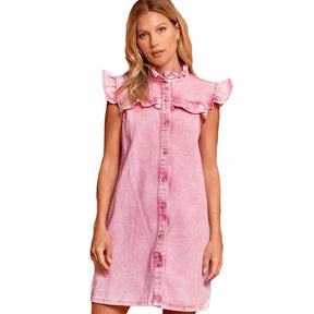 Denim Dress Ruffle Trim Sleeveless Button down Cute Babydoll-Pink