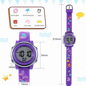 Girls Digital Sport Watches LED with 7 Colors Backlight 3D Butterfly Wristwatch-DarkPurple