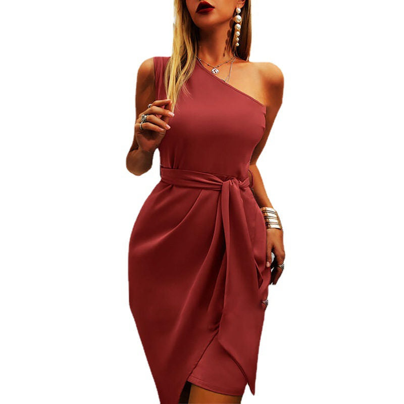 Solid Color Sleeveless Sloping Shoulder Strap Party Cocktail Dress-WineRed